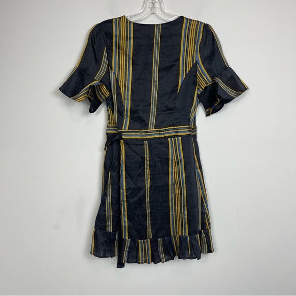 Honey Punch Linen Black Striped Ruffled Mini Wrap Dress Puff Sleeve NWT Boho S - Picture 13 of 16